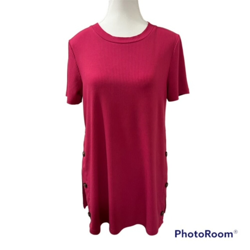 Shein Pink Crew Neck Short Sleeve Tunic Top Button Accent Side Slit Top Sz Large